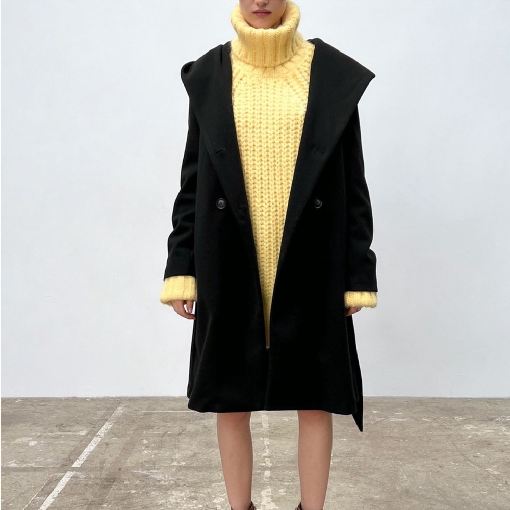 Zara Black Double-Breasted Coat With Hood Size S - Picture 4 of 5